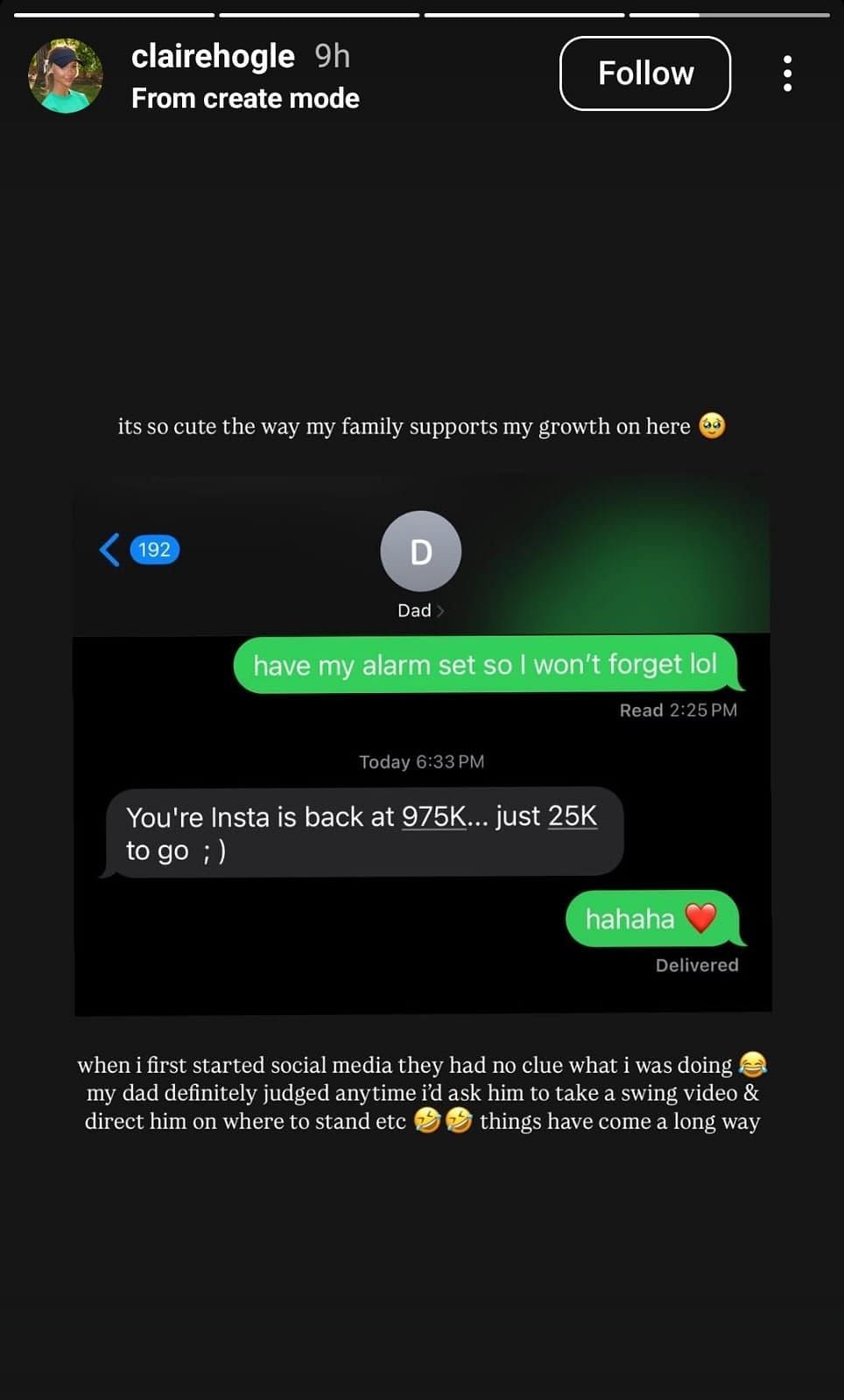 Claire Hogle's conversation with her father ( via Claire Hogle's Instagram story)